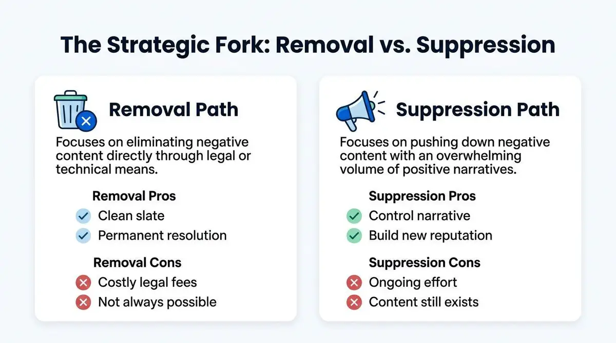 A comparison chart outlining the strategic fork between removing negative content versus suppressing it online.