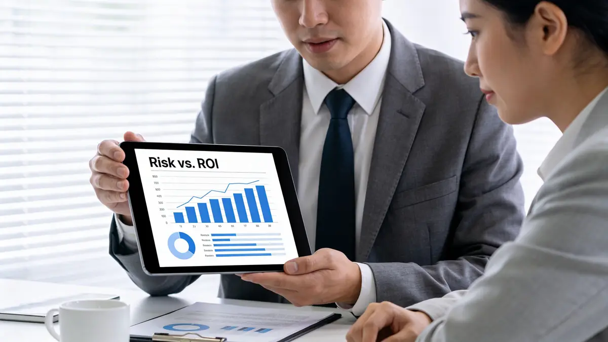 A professional business person presenting a tablet with Risk vs. ROI charts to a colleague in an office.