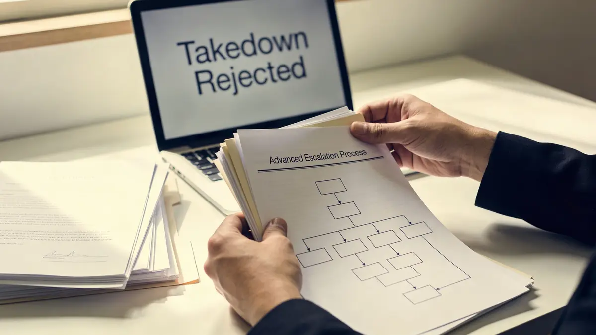 A person holding a document labeled Advanced Escalation Process with a Takedown Rejected message on a laptop screen.
