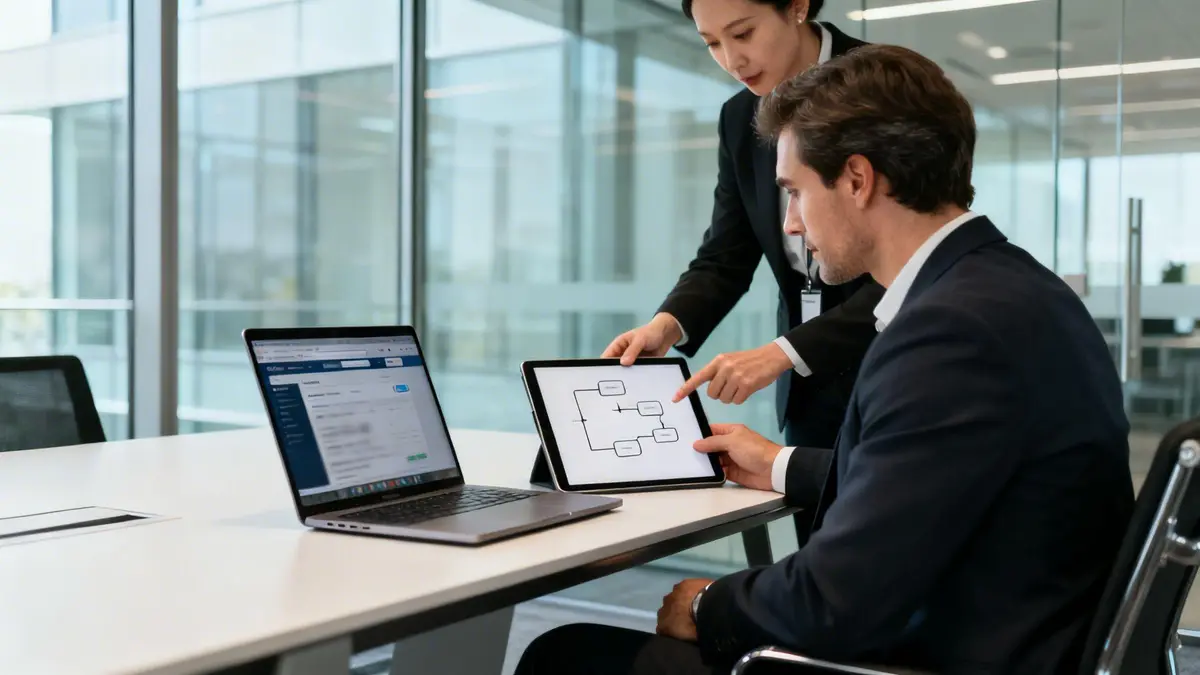 Two business professionals collaborating, reviewing a flowchart on a tablet with a laptop nearby in a modern office.
