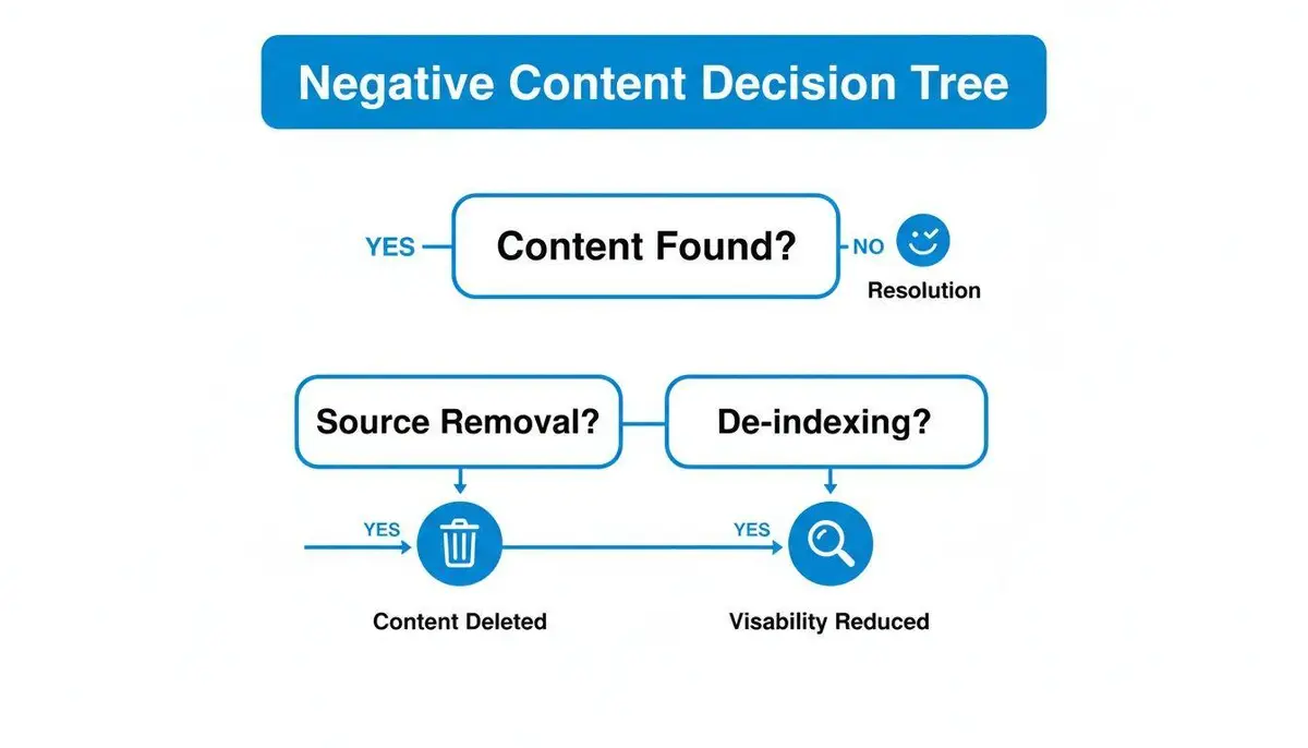 Flowchart detailing the decision process for managing negative online content, including removal and de-indexing.