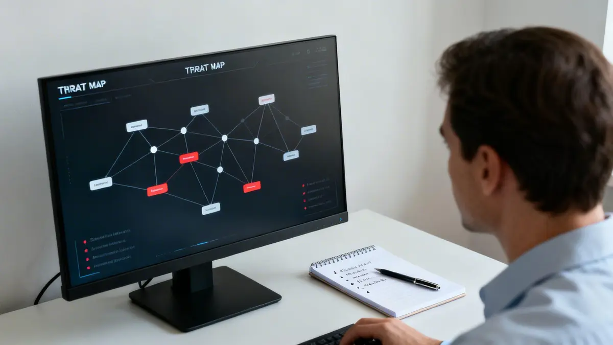 A person views a threat map on a computer monitor, taking notes on a notepad.