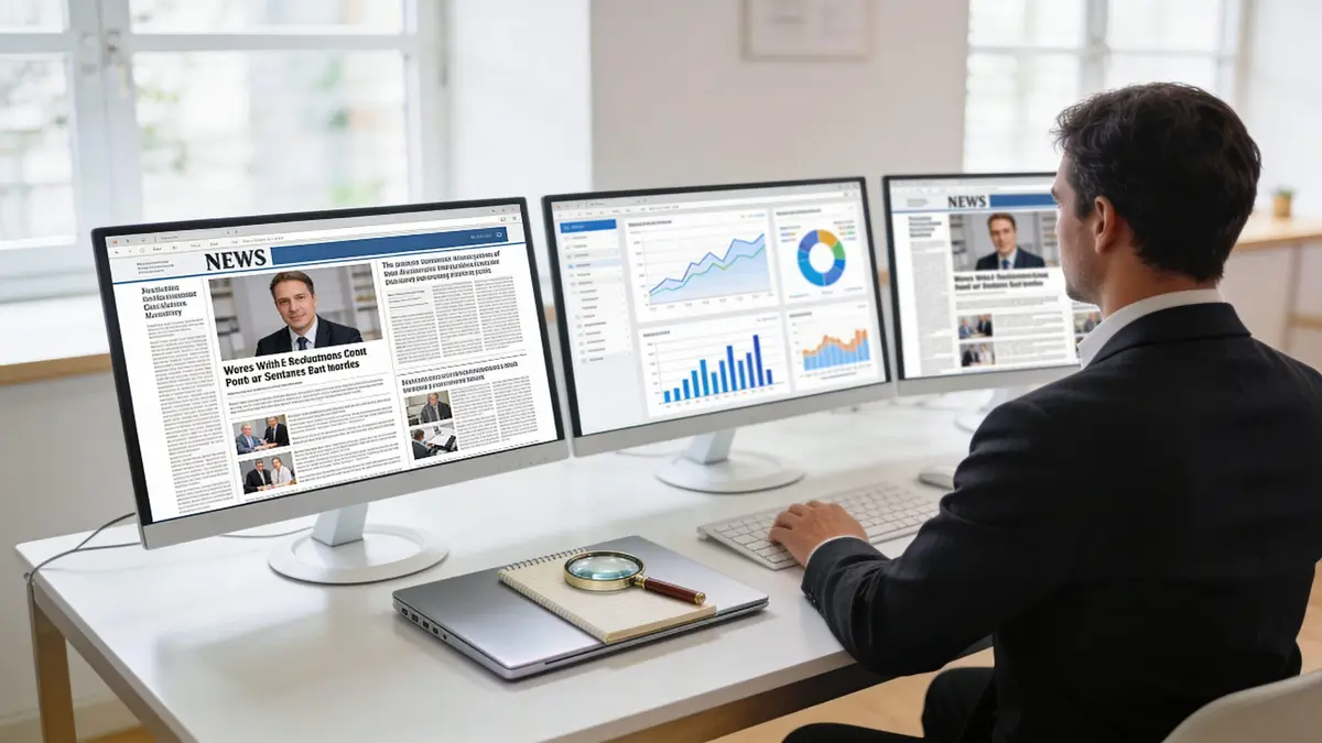 A businessman working on a computer setup with three monitors displaying news and financial analytics data.