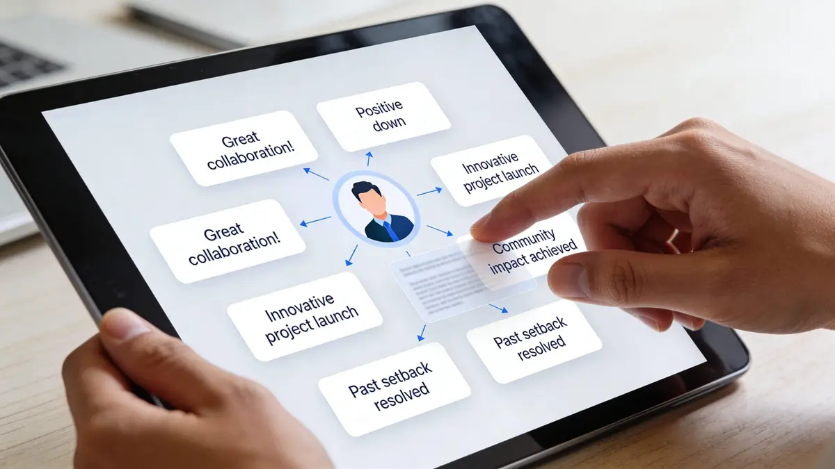 A person uses a tablet to interact with a digital diagram about professional achievements and career growth.