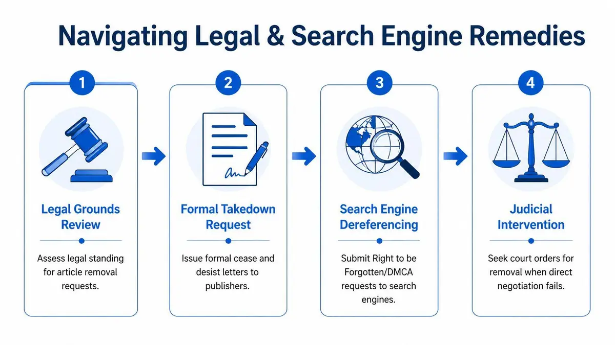 A four-step infographic illustrating the legal process for removing content from search engines and online publications.