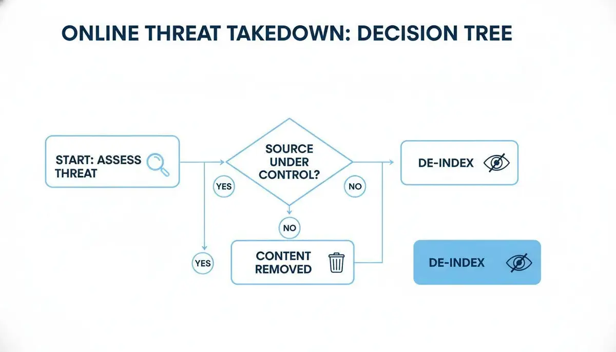 A flowchart detailing the online threat takedown decision process, including threat assessment, source control, content removal, and de-indexing.