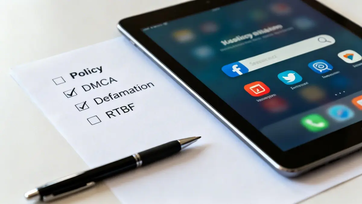 A checklist with DMCA and Defamation marked, next to a tablet showing social media apps.