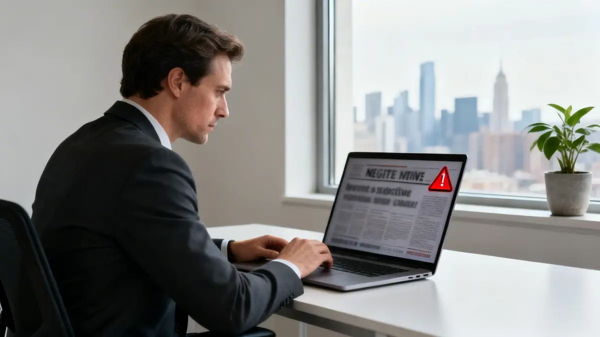 A focused man in a suit works on a laptop displaying an online content warning icon.
