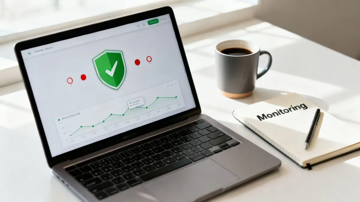 Laptop displaying a security monitoring dashboard with a green shield, coffee, and a 'Monitoring' notebook.