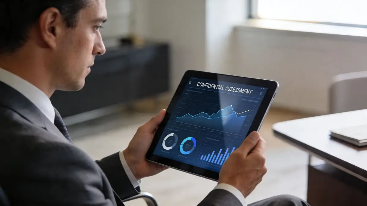 A professional man in a suit reviewing a digital confidential assessment report on a tablet computer.