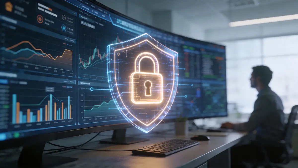 A cybersecurity professional monitoring digital data and security shield graphics on multiple computer screens in an office.