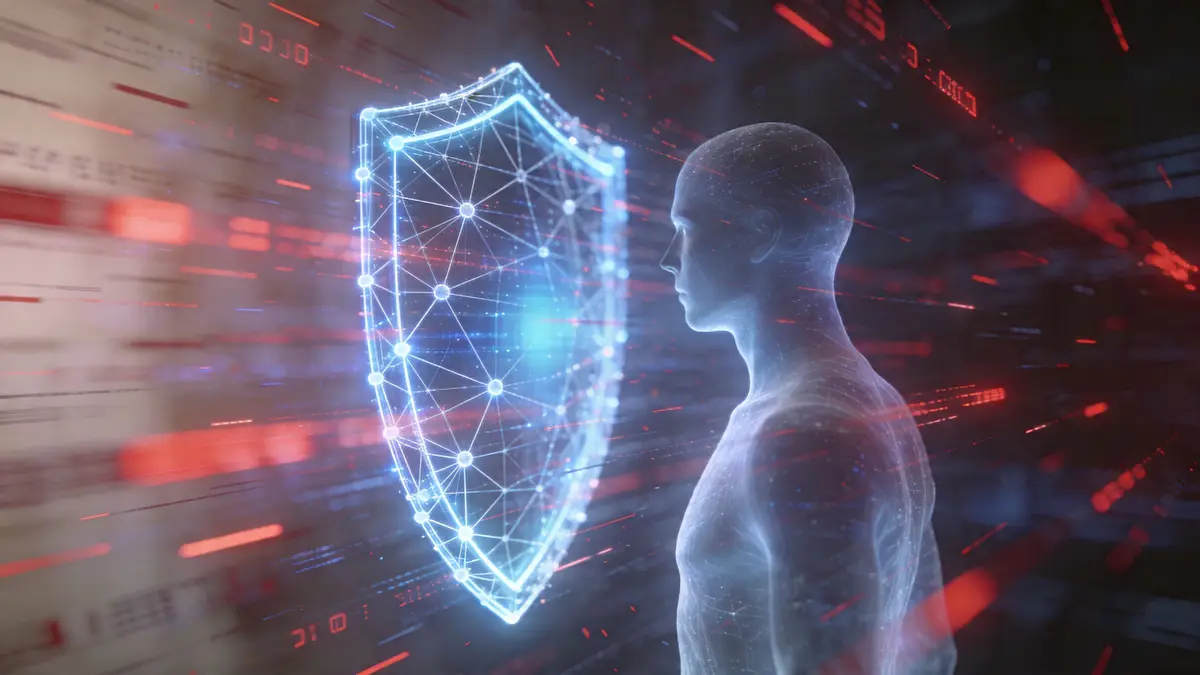 A digital representation of a human silhouette facing a glowing, blue technological shield protecting personal data information.