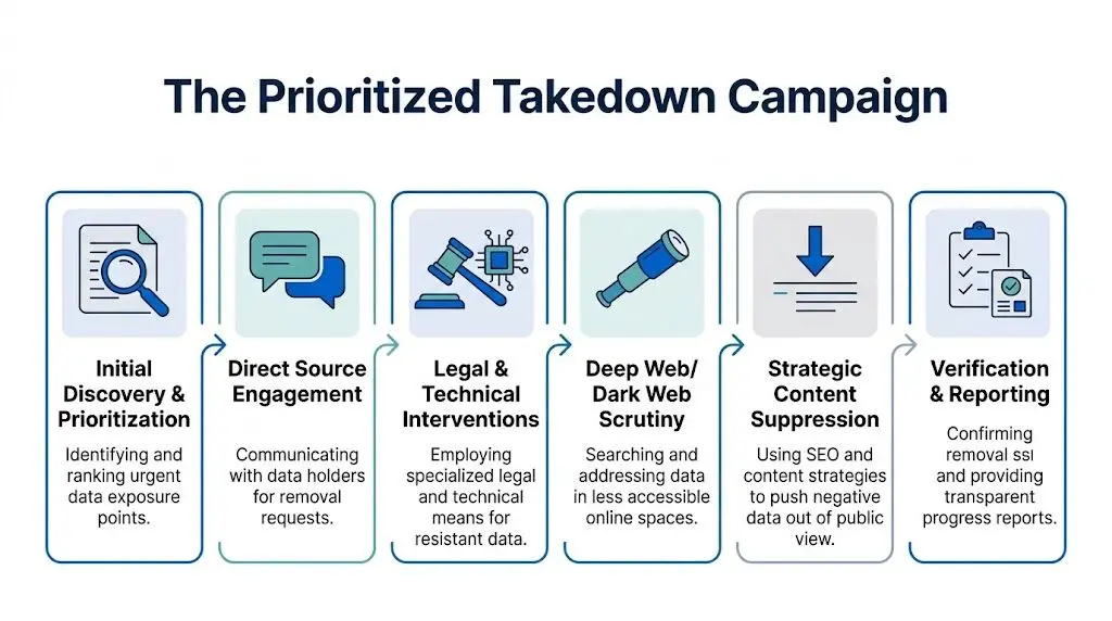 A six-step diagram titled The Prioritized Takedown Campaign illustrating the process of removing personal data from internet sources.