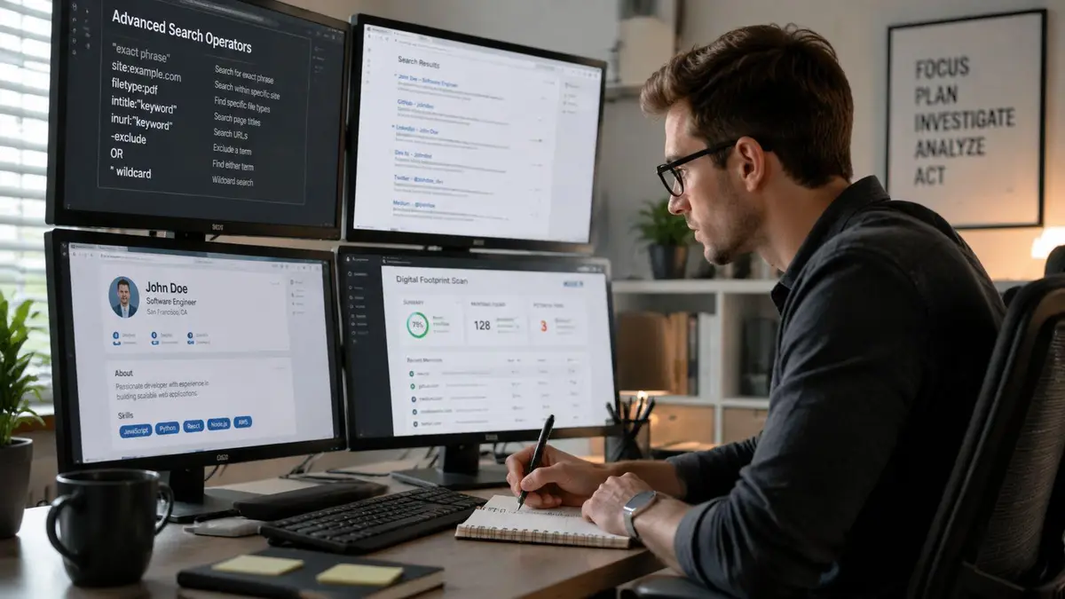 A professional developer sitting at a desk with multiple monitors researching online reputation and digital footprint management.