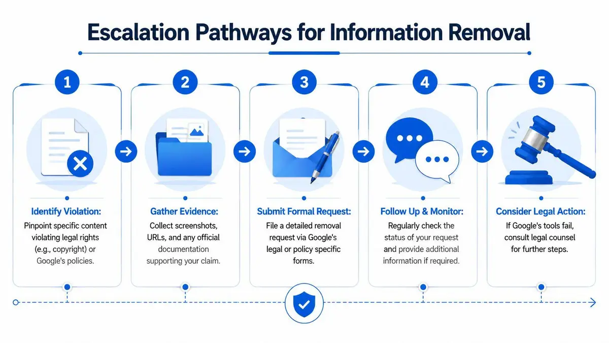 A five-step infographic showing the escalation pathway process for requesting the removal of information from Google.