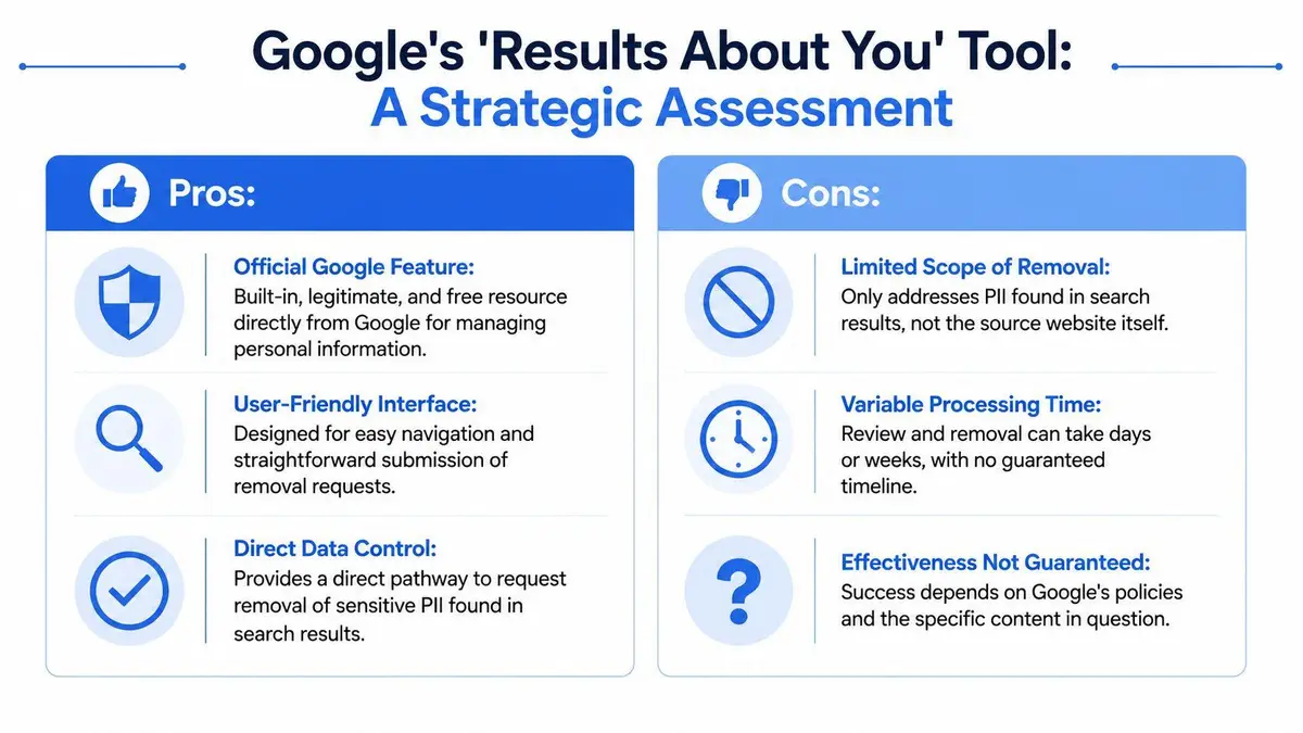 A strategic assessment infographic highlighting the pros and cons of Google's Results About You tool for privacy.
