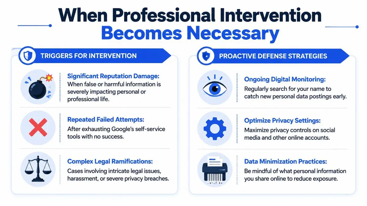 An infographic detailing triggers for professional reputation intervention and proactive strategies to manage online personal data exposure.