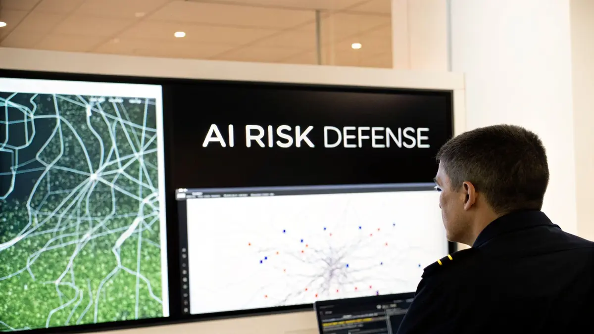 A person in a uniform monitors large screens displaying 'AI RISK DEFENSE' and network graphs.