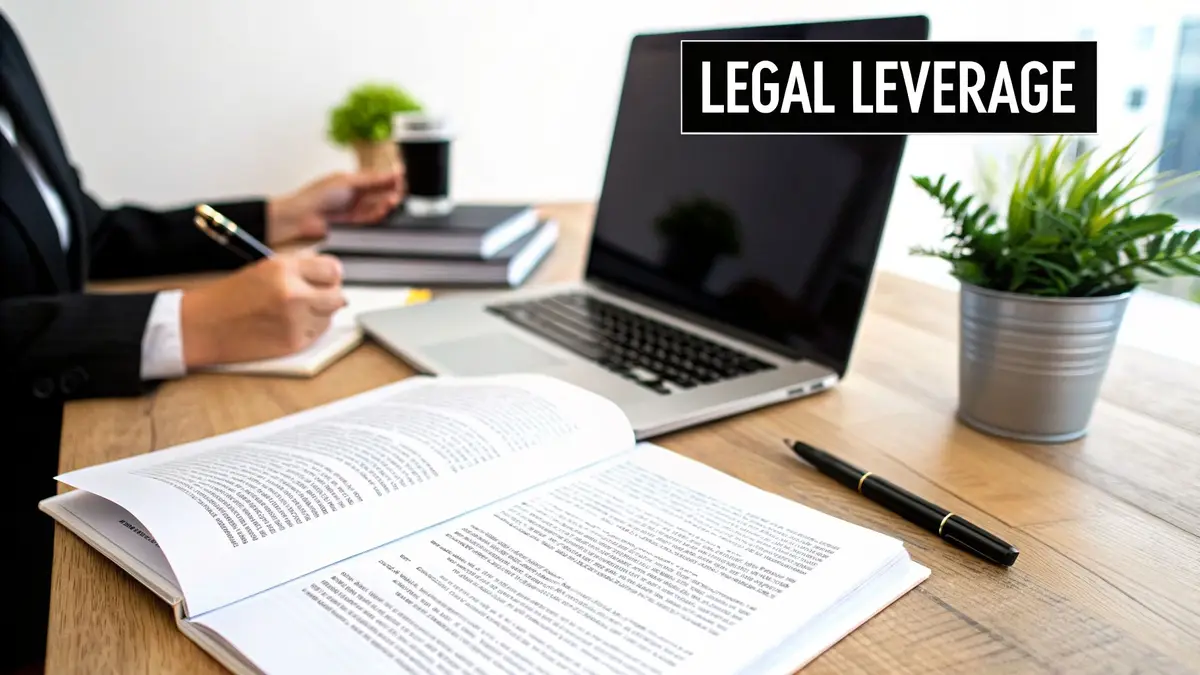 A person in a suit writing notes at a desk with an open book, laptop, and 'LEGAL LEVERAGE' text.