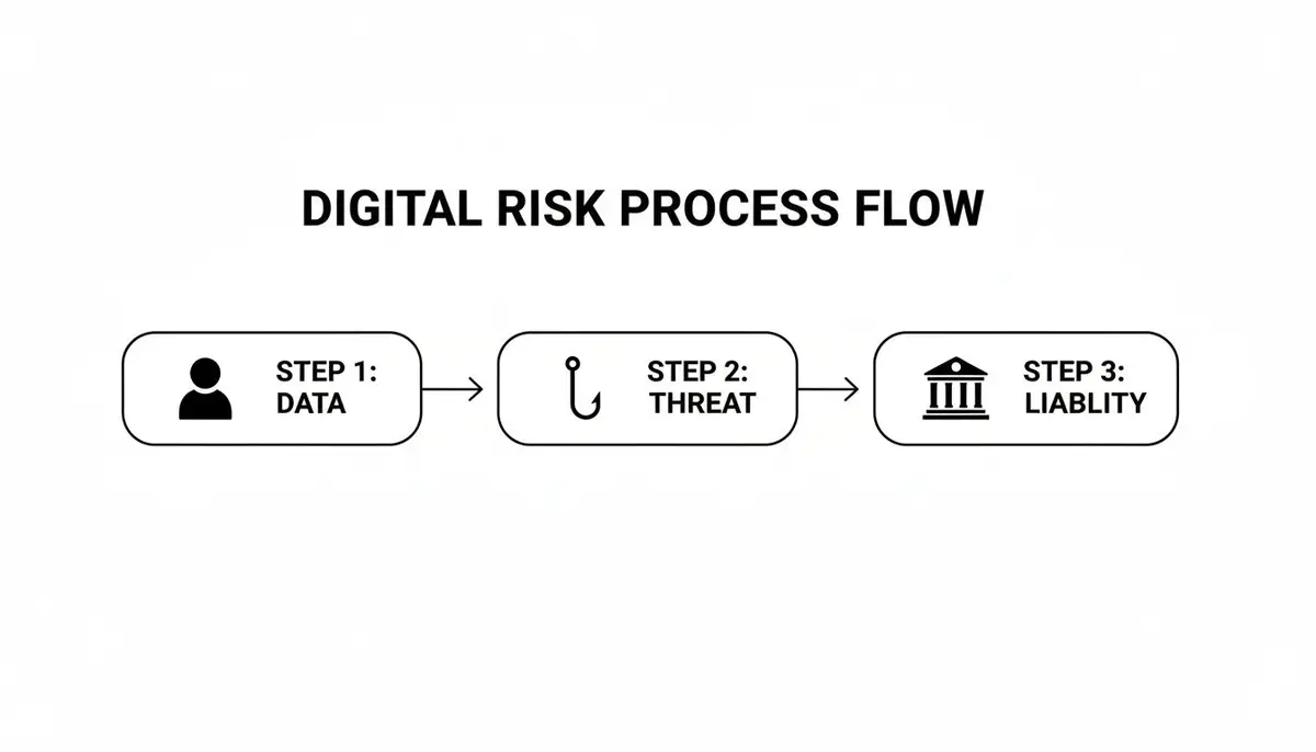 Flowchart showing the Digital Risk Process: Step 1 Data, Step 2 Threat, Step 3 Liability with icons.