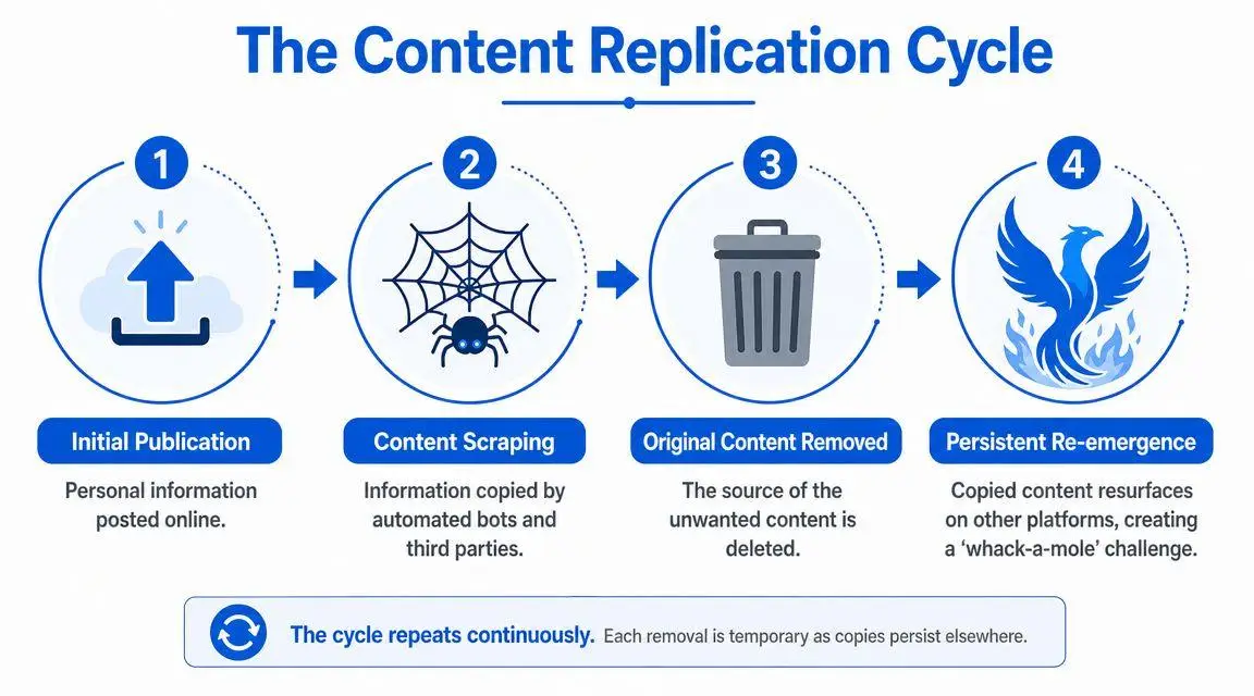 A diagram illustrating the content replication cycle process of scraping, deletion, and the re-emergence of personal data.