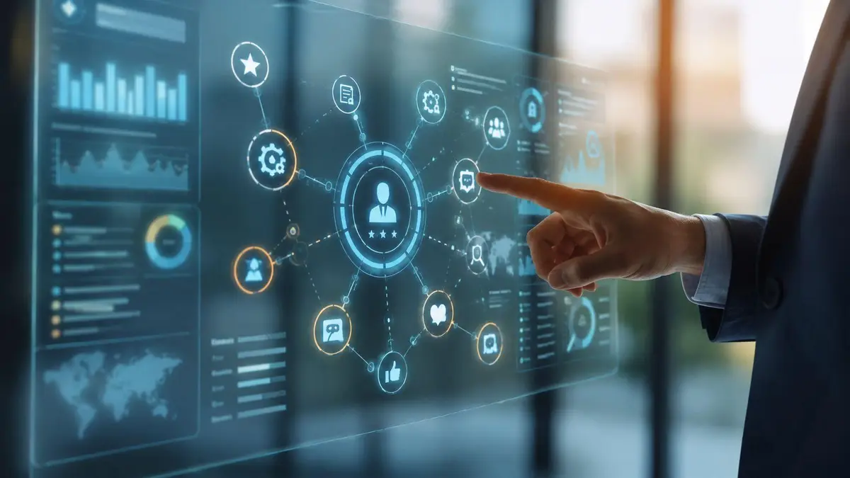 A professional in a suit interacting with a futuristic digital holographic user interface showing business analytics.