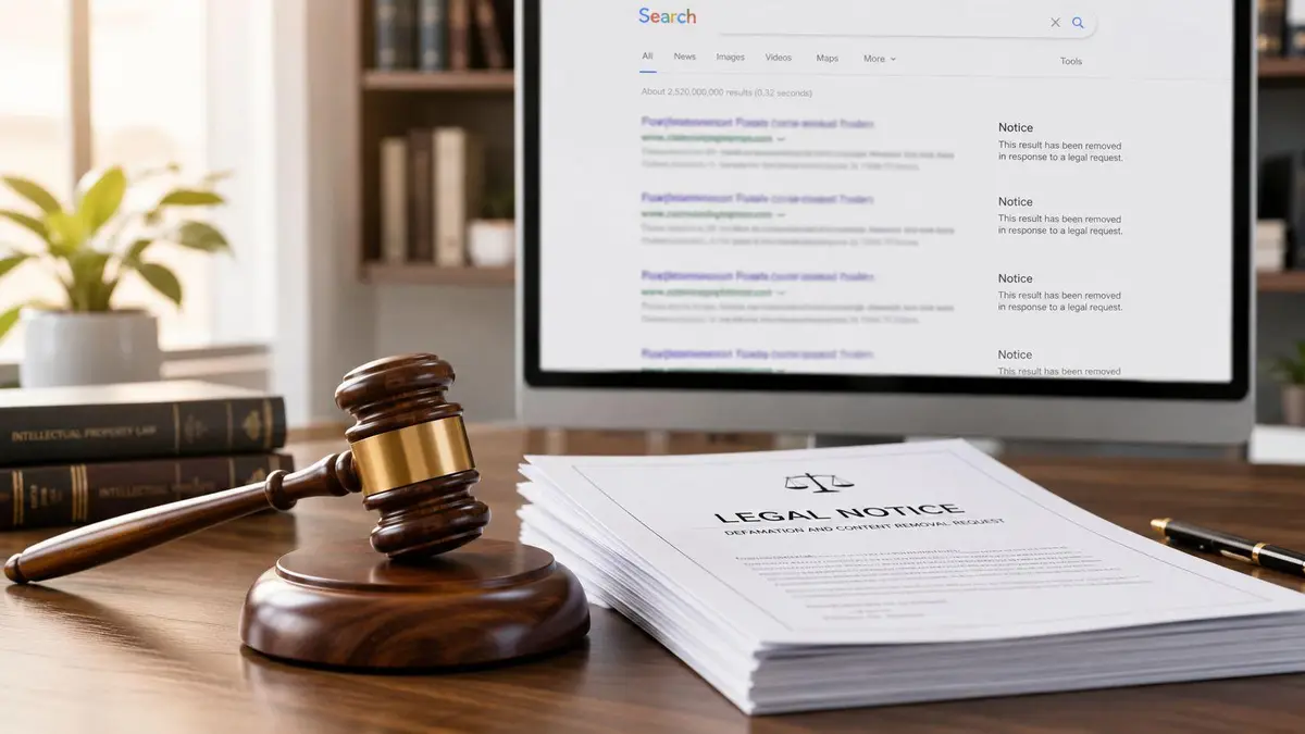 A gavel sits on a wooden desk next to legal papers and a computer screen showing search removal notices.