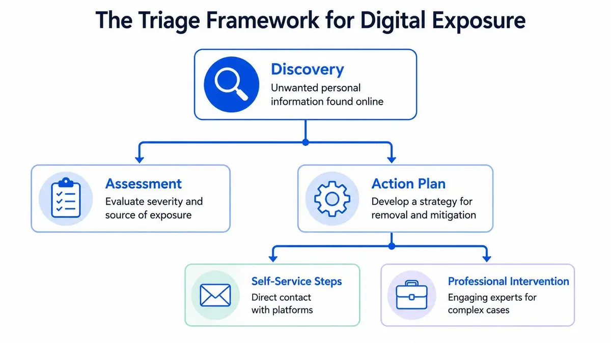 A flowchart titled The Triage Framework for Digital Exposure showing the steps from discovery to remediation.