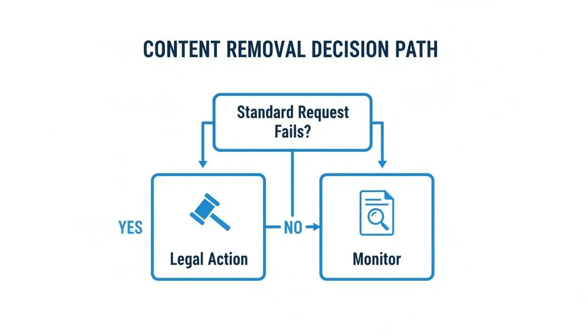 Flowchart illustrating the content removal decision path: legal action if a standard request fails, otherwise monitor.