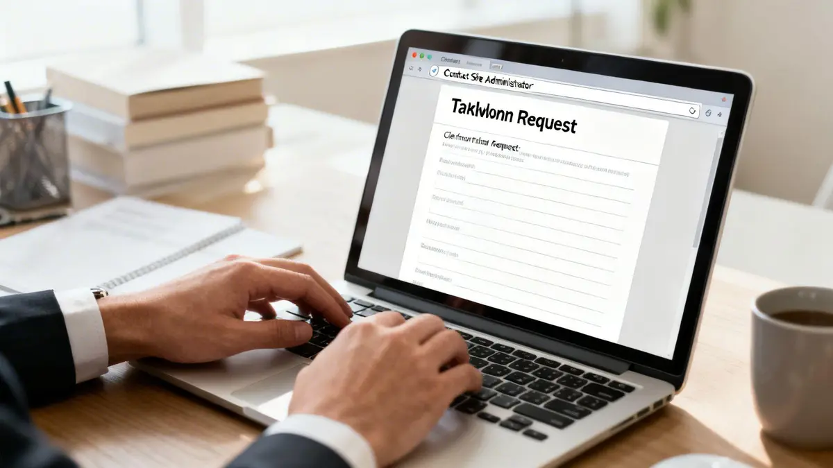 A person's hands are typing on a laptop displaying an online request form, with office items nearby.