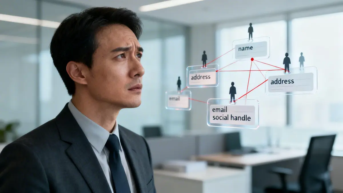 A thoughtful man in a suit looks at a holographic display of interconnected personal data points.