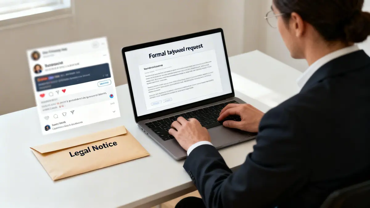 Person in a suit typing on a laptop with a 'Legal Notice' envelope and social media feed.