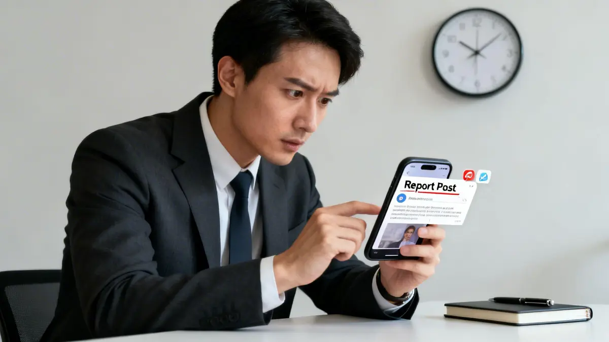An Asian businessman intensely views his smartphone, displaying "Report Post" on a social media application.