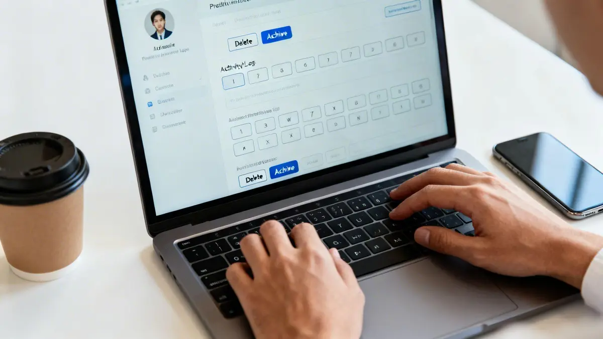Person's hands typing on a laptop showing a user interface with profile, delete and archive buttons.