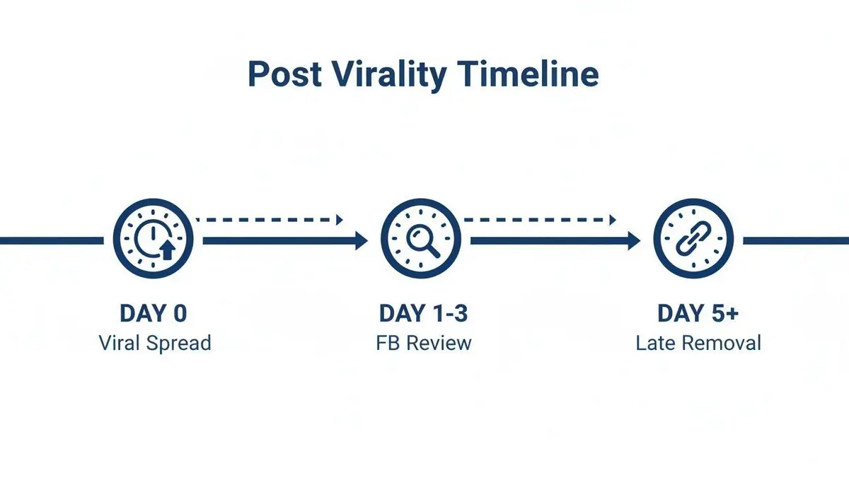 Timeline illustrating post virality stages: viral spread, Facebook review, and late content removal.