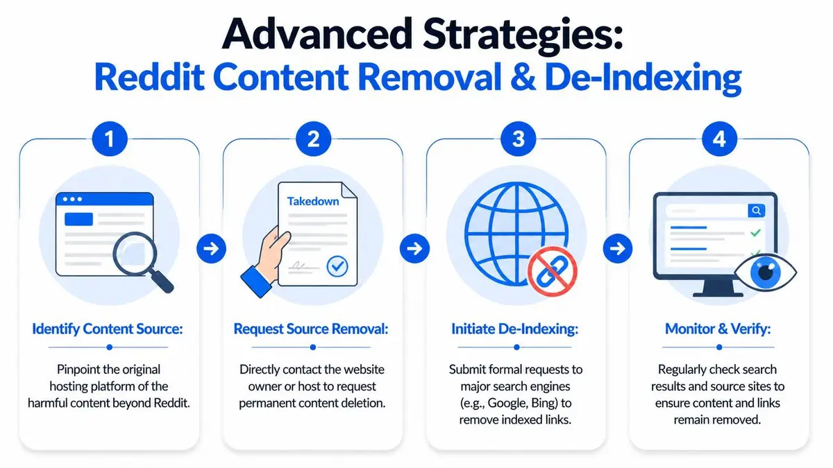 A four-step infographic illustrating advanced strategies for removing and de-indexing harmful content from Reddit.