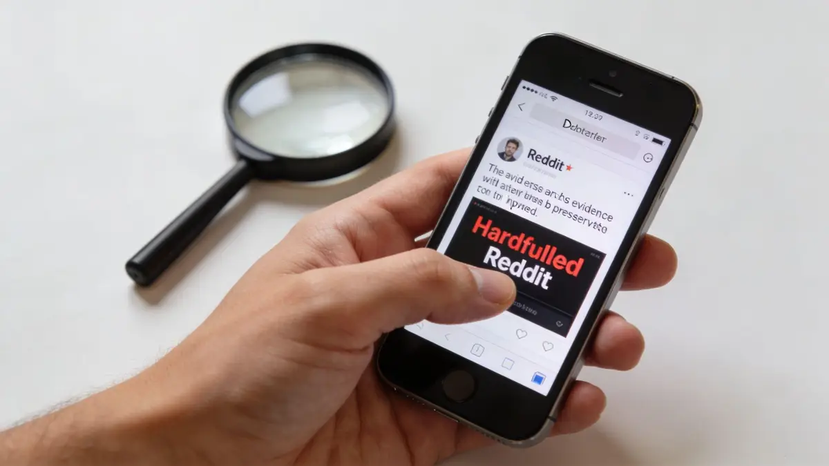 A hand holding a smartphone displaying a social media post with a magnifying glass nearby.