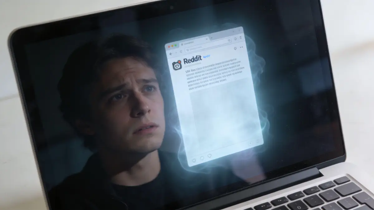A young man stares intently at a glowing Reddit browser window displayed on his laptop screen.