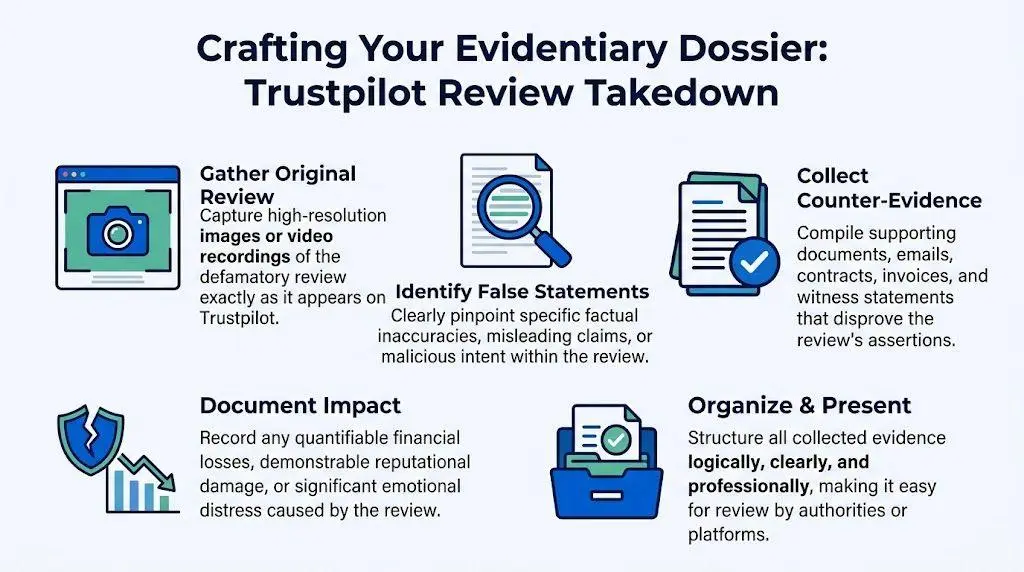 A step-by-step infographic titled Crafting Your Evidentiary Dossier for a Trustpilot review takedown process.