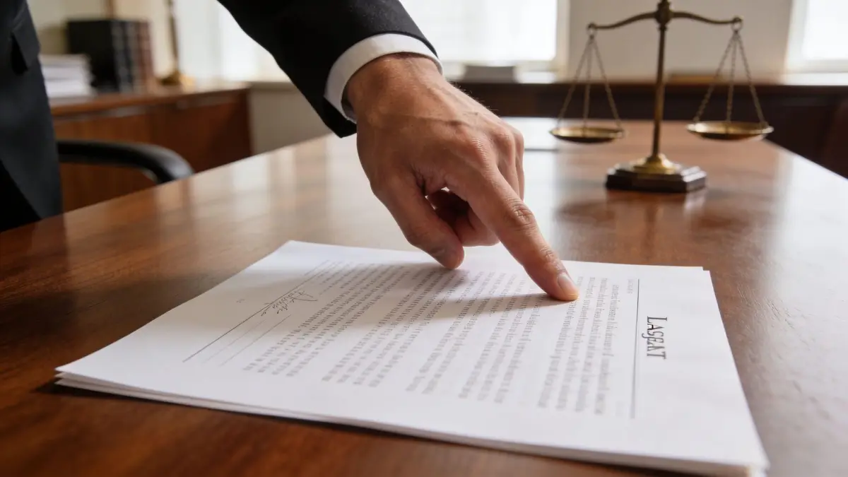 A professional in a suit points a finger at a legal document on a wooden desk.