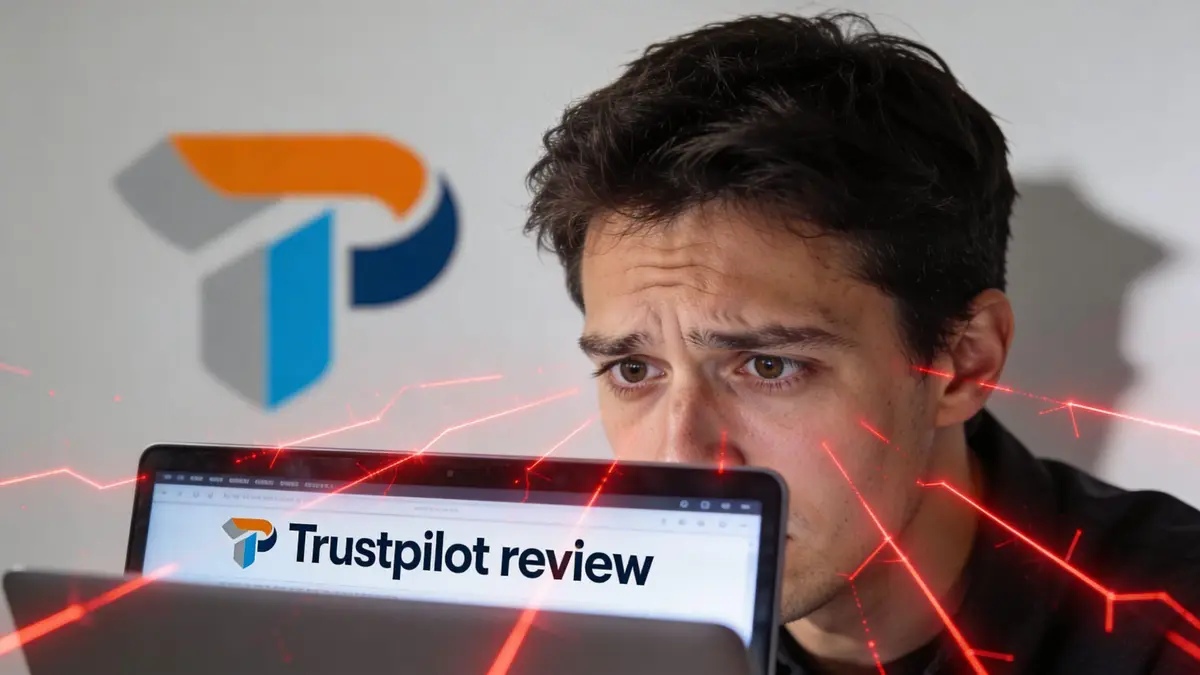 A man staring intently at a laptop screen displaying a Trustpilot review page with red digital network overlays.
