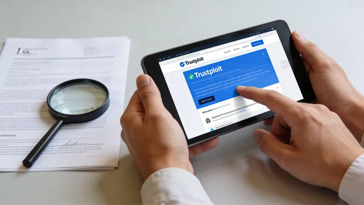 A person using a tablet to navigate the Trustploit website while reviewing legal documents on a desk.