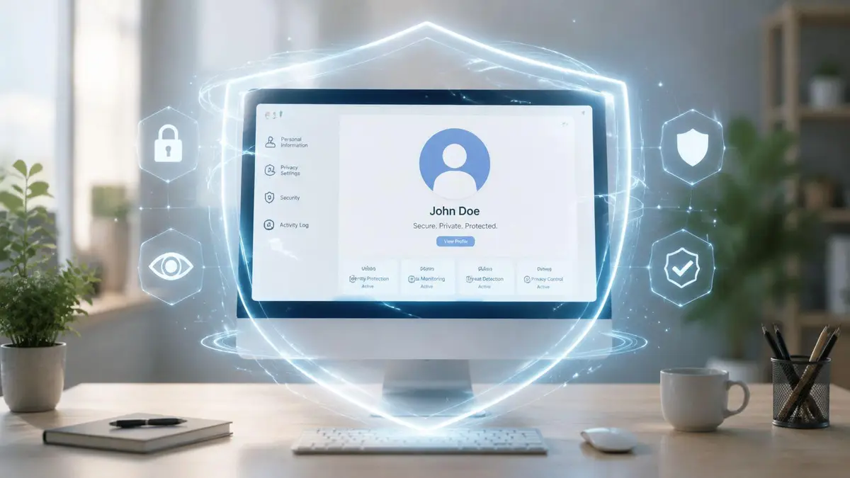 A desktop computer screen showing an advanced cybersecurity dashboard with glowing protection shields and security monitoring features.