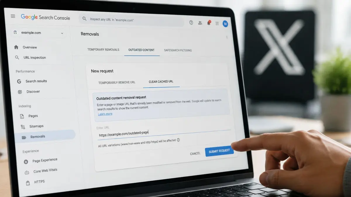 A person using Google Search Console to submit an outdated content removal request for a specific web URL.