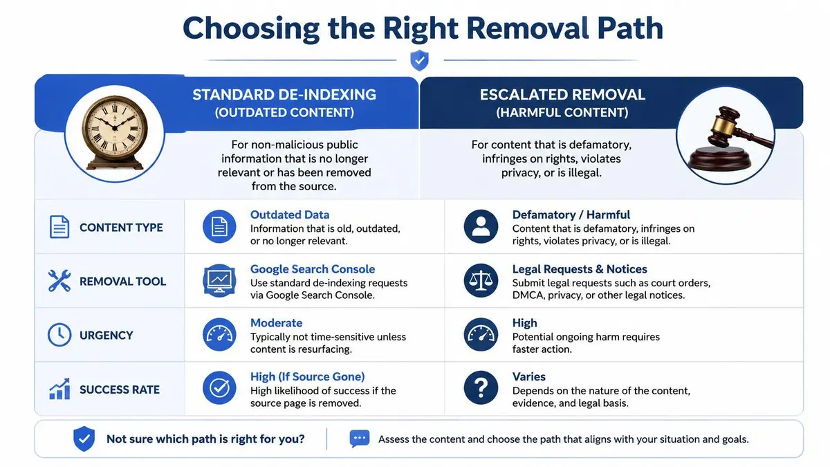 A comparison chart explaining the differences between standard de-indexing for outdated content and escalated removal for harmful content.