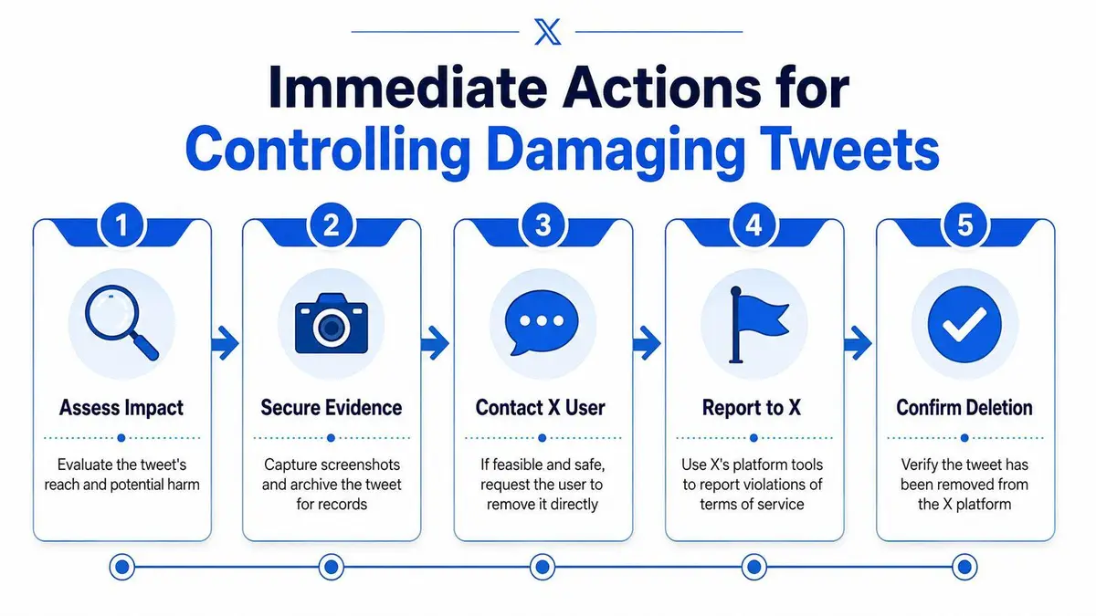 A five-step infographic guide on immediate actions for controlling and managing damaging tweets on the X platform.