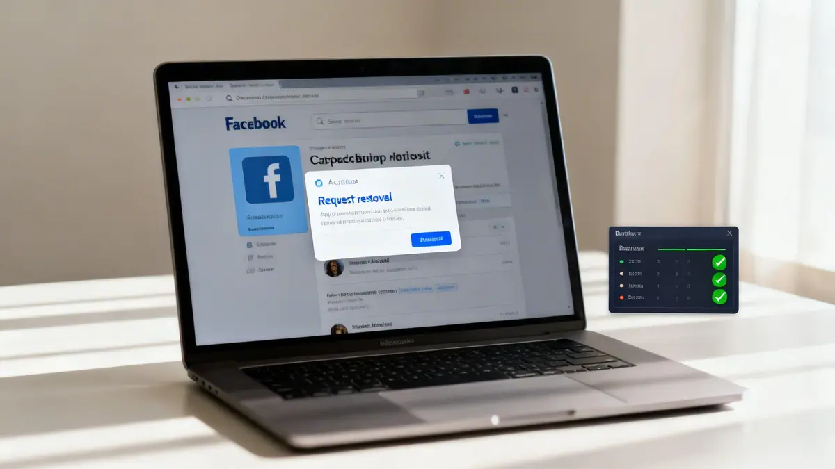A laptop screen displays a Facebook page with a 'Request removal' pop-up window and a separate task widget.