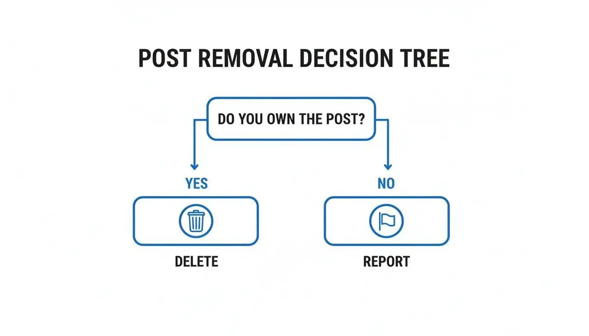 Decision tree flowchart for post removal: Own the post? Yes leads to Delete, No leads to Report.