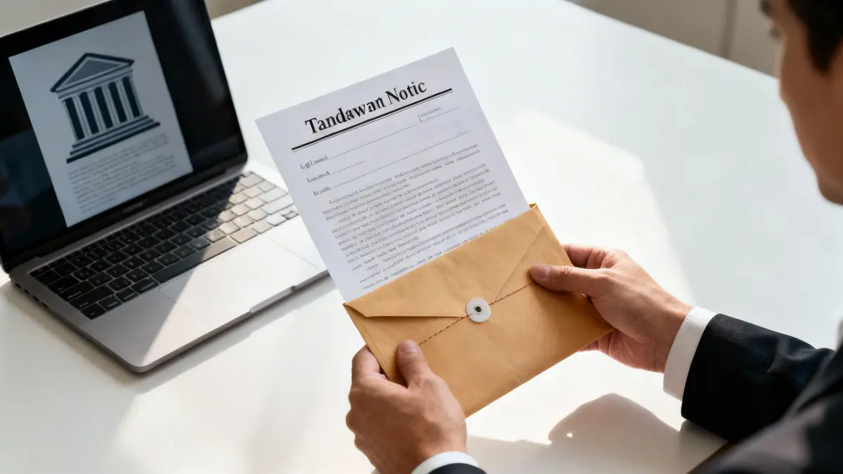 Person holds a 'Tandawan Notic' document from an envelope, with a legal icon on a laptop.