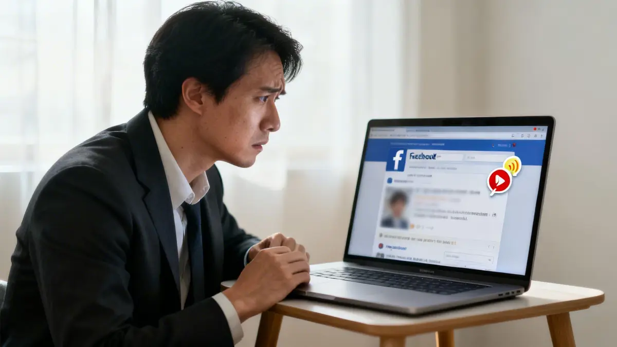 Concerned man in a suit intently stares at a laptop screen displaying social media notifications.